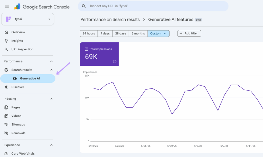 Screenshot of the new AI visibility section in google Search Console